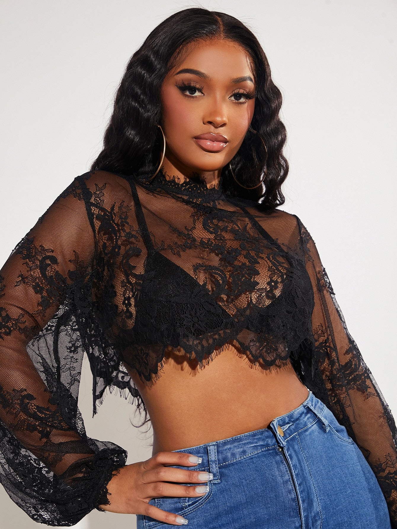 Masquerade's Sexy Mock Neck Lantern Sleeve Crop Lace Blouse Without Bra